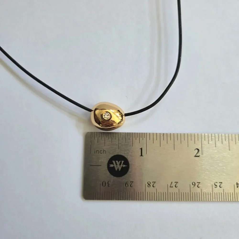 NIB Ettika Pavé Polished Pebble Leather Cord Pendant Necklace 18K Gold Plated